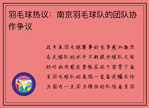 羽毛球热议：南京羽毛球队的团队协作争议