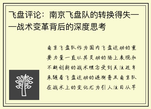 飞盘评论：南京飞盘队的转换得失——战术变革背后的深度思考
