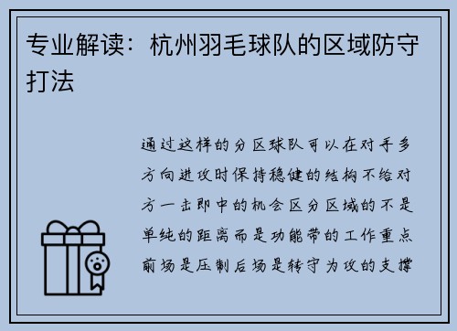 专业解读：杭州羽毛球队的区域防守打法