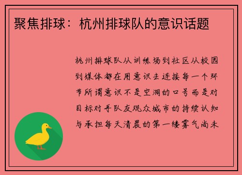 聚焦排球：杭州排球队的意识话题