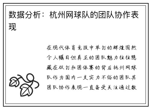 数据分析：杭州网球队的团队协作表现