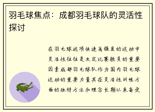 羽毛球焦点：成都羽毛球队的灵活性探讨